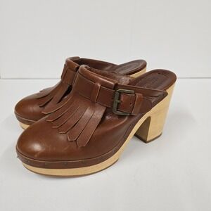 Madewell Women Brown‎ Leather Fringed Clog Heeled Mules Shoes Size 5.5